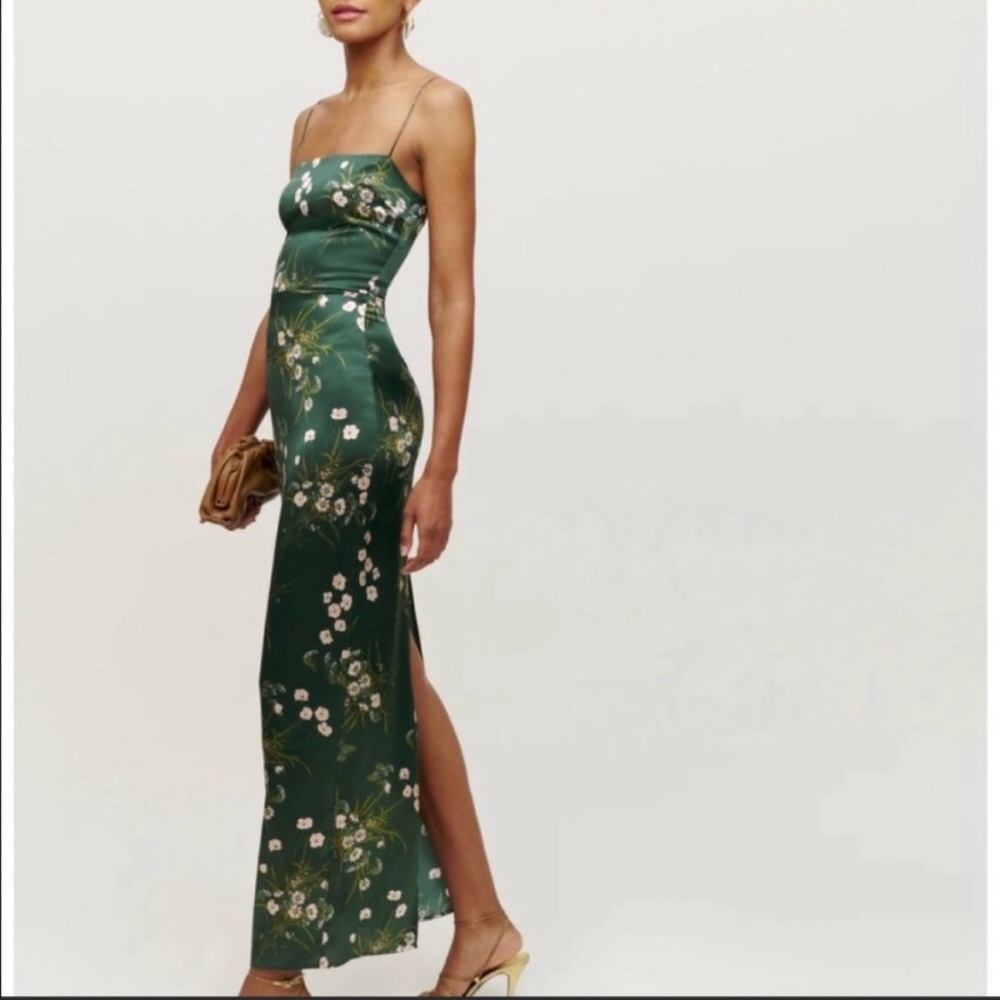 Reformation Frankie Silk slip maxi green floral Dress Buena - HEMMED
